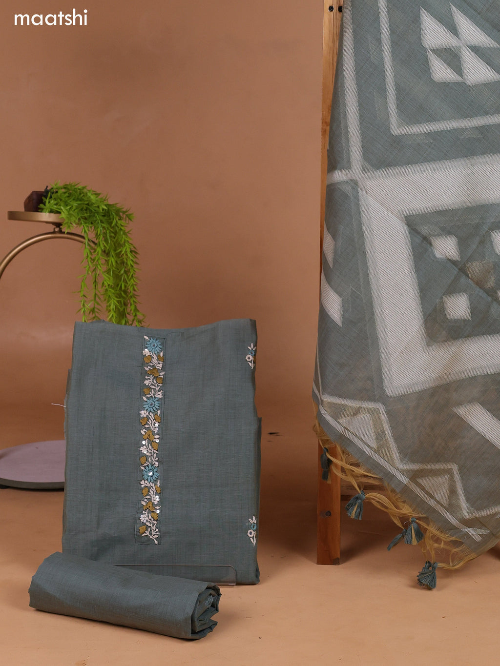 Greyish Green Munga Cotton Dress Material With Kantha Stitch Work and Bottom & Dupatta