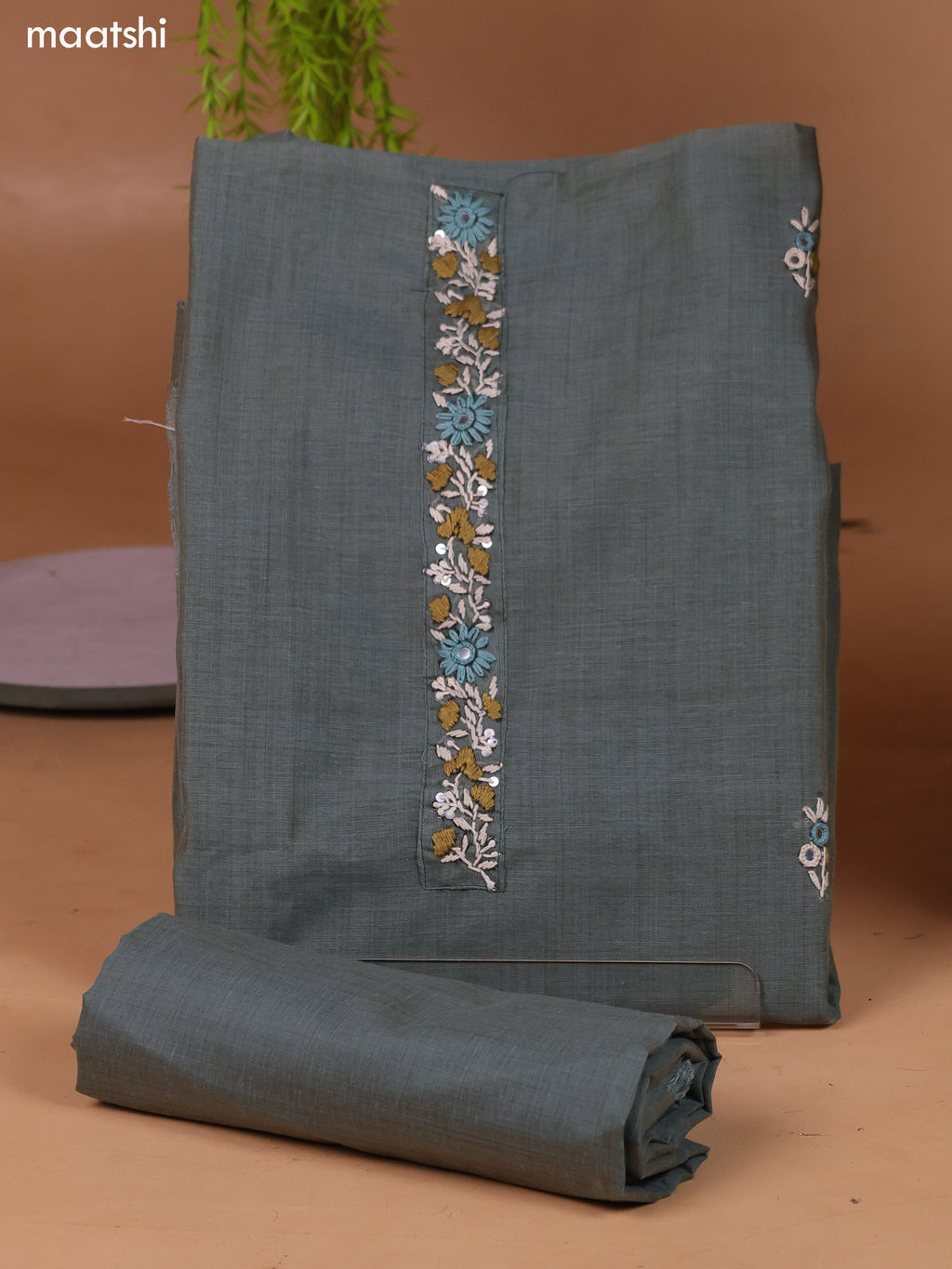 Greyish Green Munga Cotton Dress Material With Kantha Stitch Work and Bottom & Dupatta