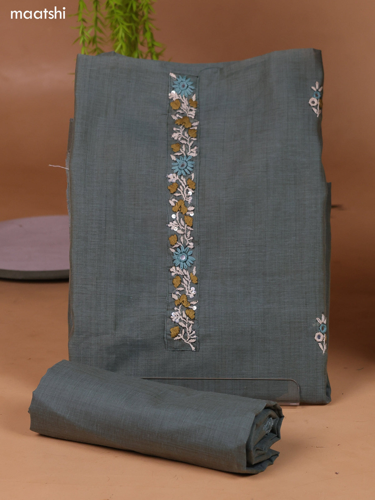 Greyish Green Munga Cotton Dress Material With Kantha Stitch Work and Bottom & Dupatta