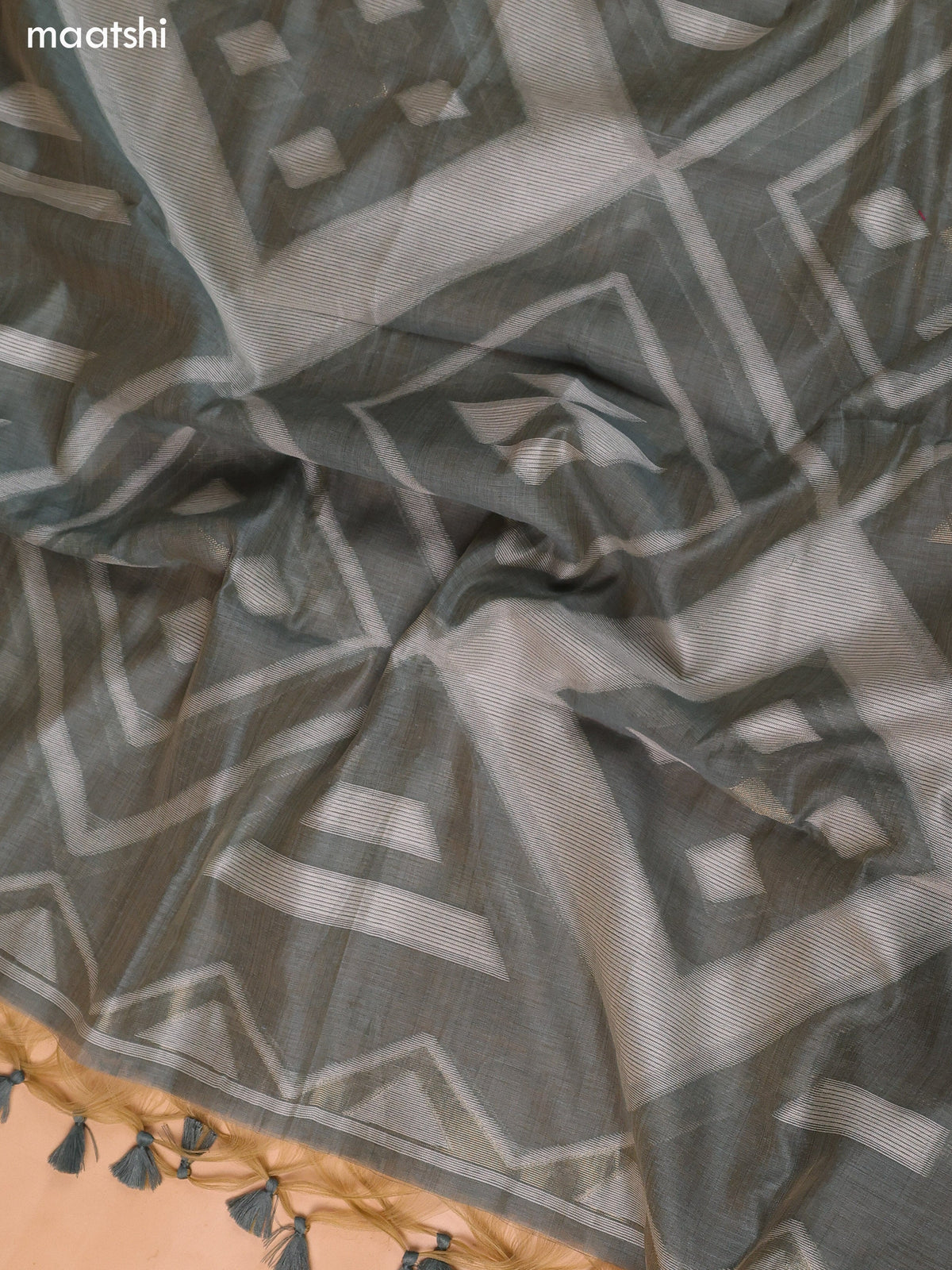 Greyish Green Munga Cotton Dress Material With Kantha Stitch Work and Bottom & Dupatta
