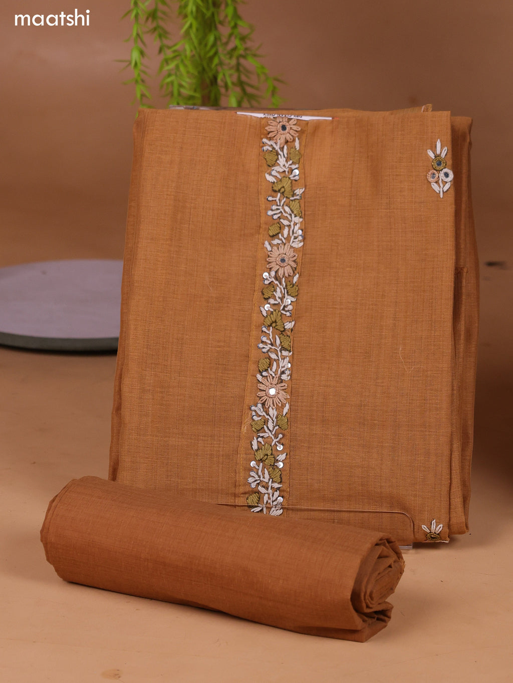 Dark Sandal Munga Cotton Dress Material With Kantha Stitch Work and Bottom & Dupatta