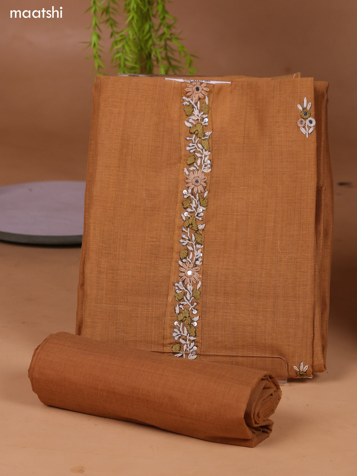 Dark Sandal Munga Cotton Dress Material With Kantha Stitch Work and Bottom & Dupatta