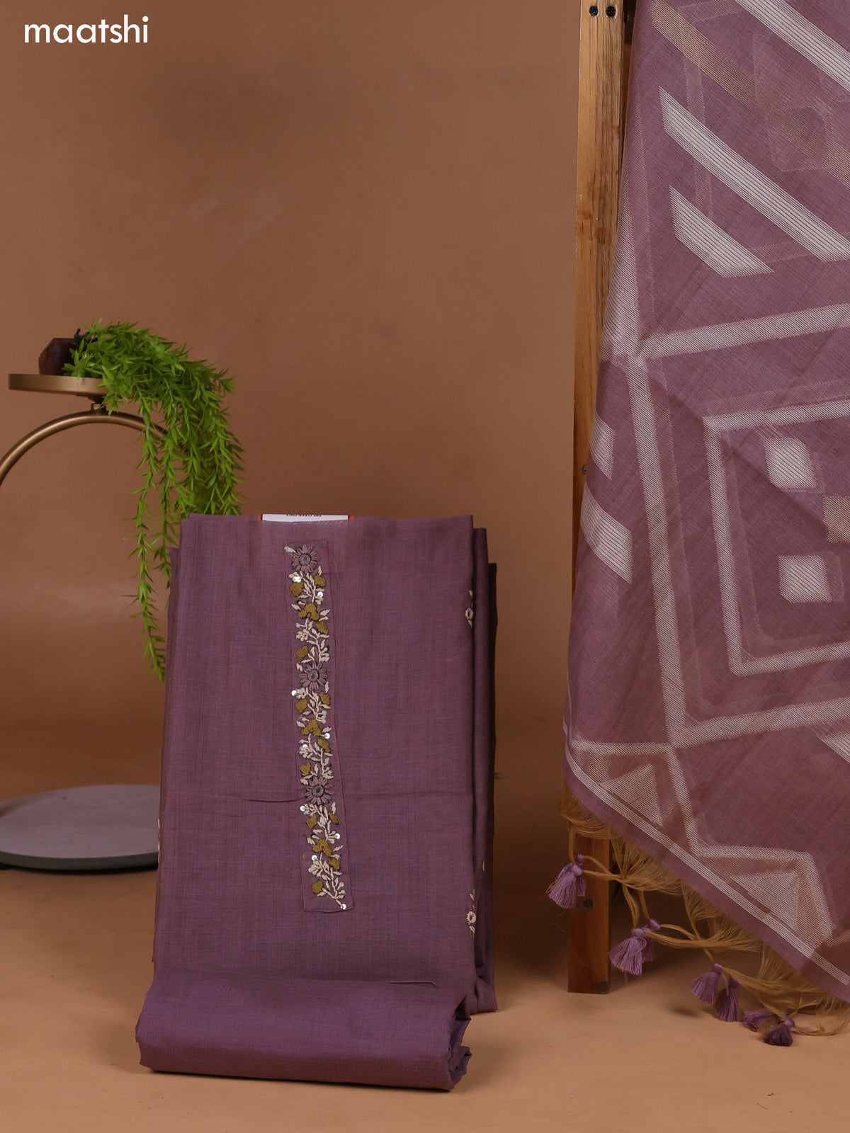 Pastel Purple Munga Cotton Dress Material With Kantha Stitch Work and Bottom & Dupatta