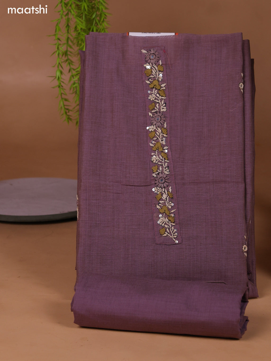 Pastel Purple Munga Cotton Dress Material With Kantha Stitch Work and Bottom & Dupatta