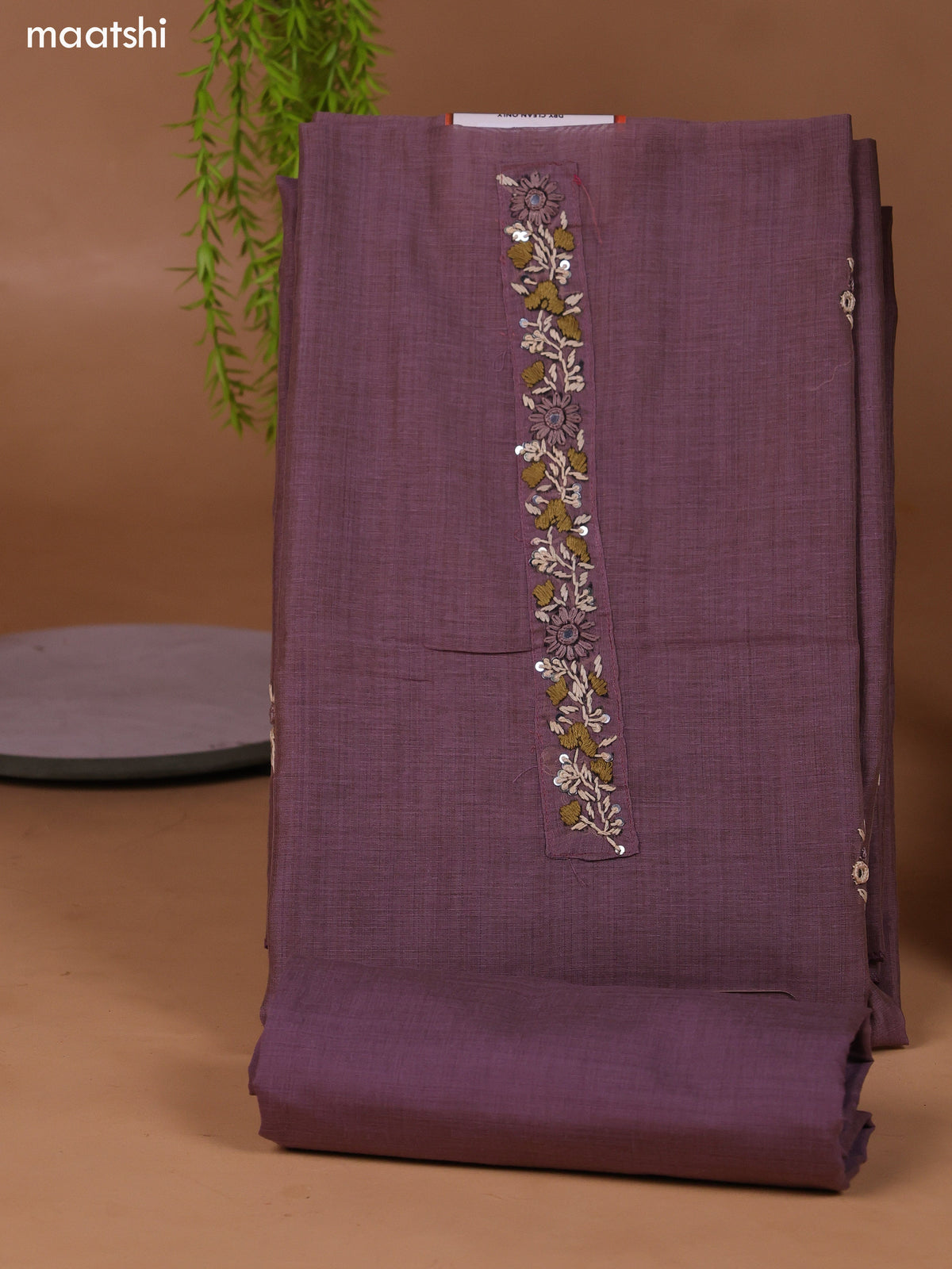 Pastel Purple Munga Cotton Dress Material With Kantha Stitch Work and Bottom & Dupatta