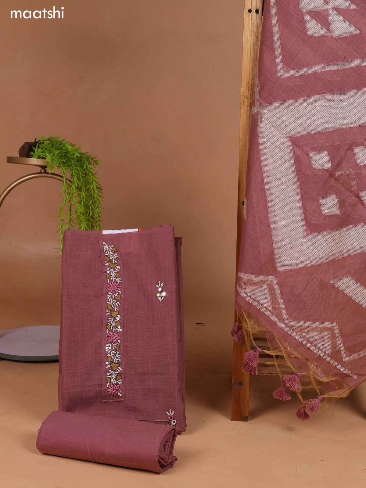 Rosy Brown Munga Cotton Dress Material With Kantha Stitch Work and Bottom & Dupatta