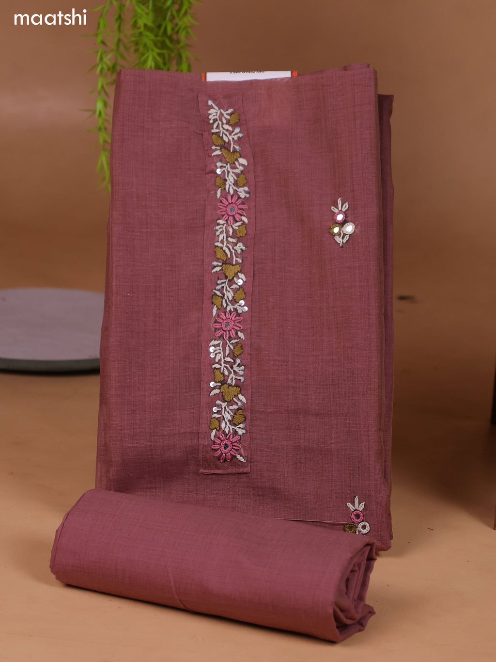 Rosy Brown Munga Cotton Dress Material With Kantha Stitch Work and Bottom & Dupatta