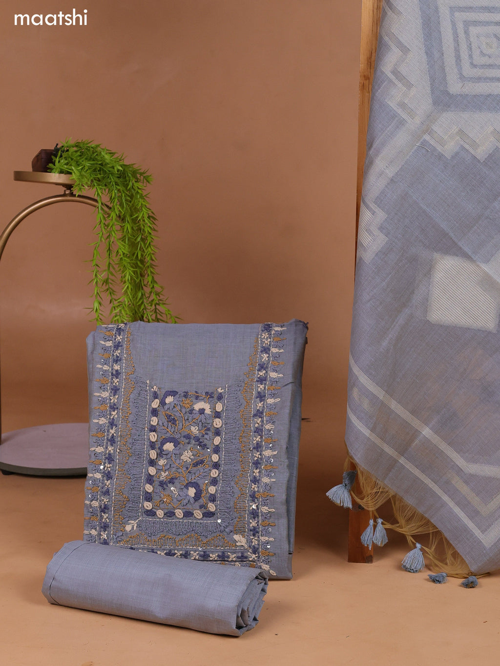 Grey Munga Cotton Dress Material With Kantha Stitch Work and Bottom & Dupatta