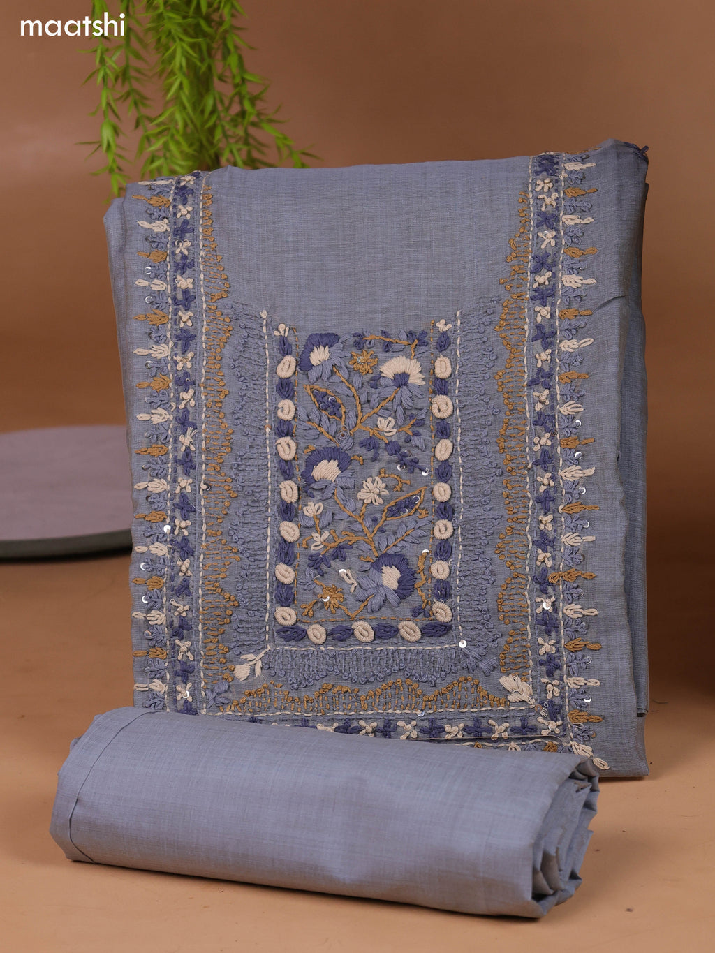 Grey Munga Cotton Dress Material With Kantha Stitch Work and Bottom & Dupatta