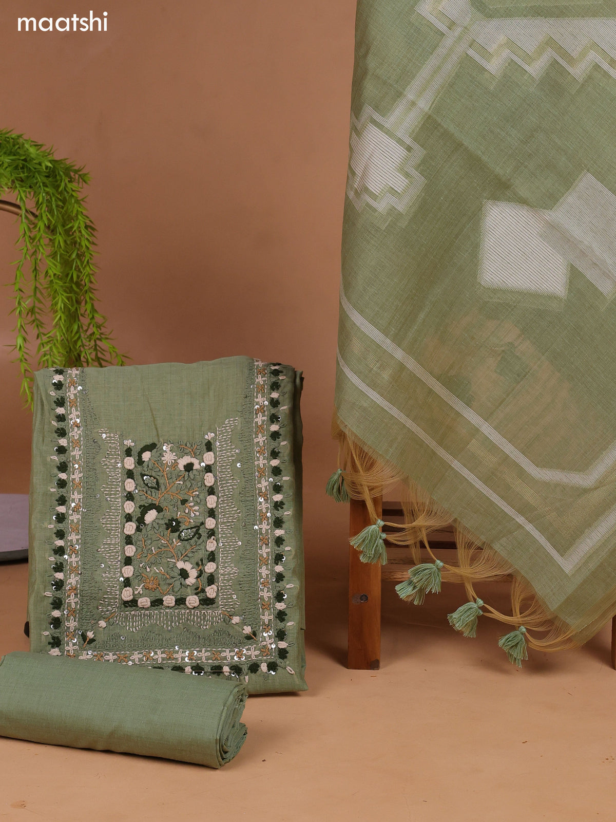 Elaichi Green Munga Cotton Dress Material With Kantha Stitch Work and Bottom & Dupatta