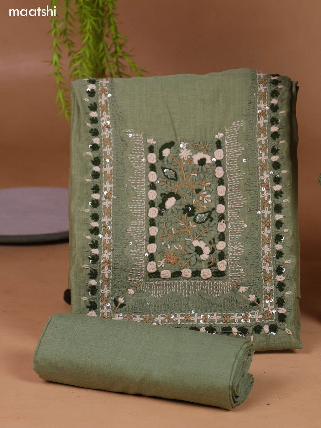 Elaichi Green Munga Cotton Dress Material With Kantha Stitch Work and Bottom & Dupatta