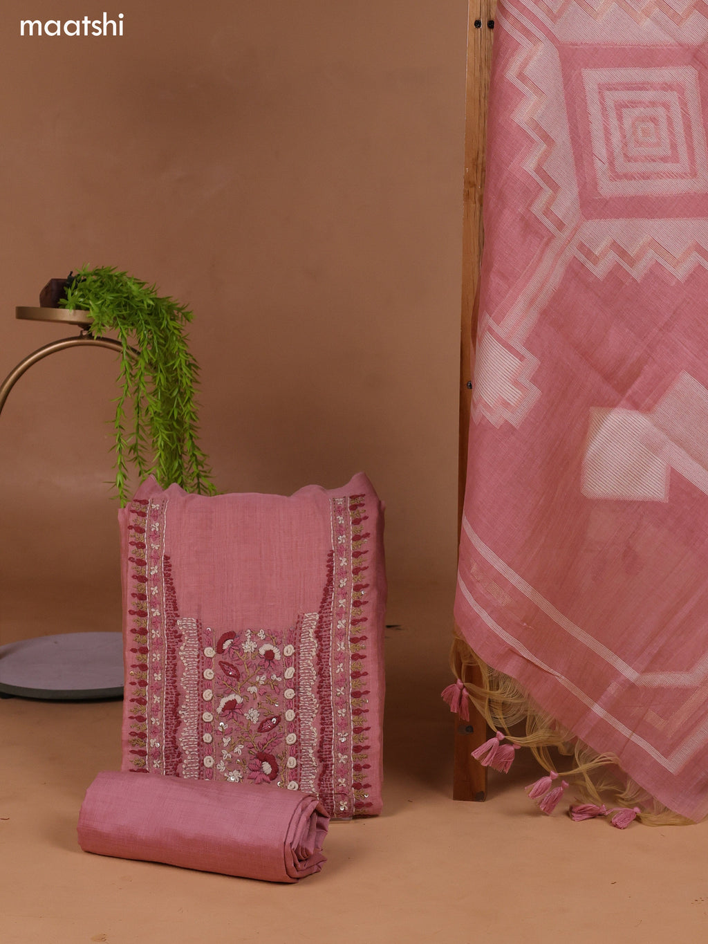 Peach Munga Cotton Dress Material With Kantha Stitch Work and Bottom & Dupatta