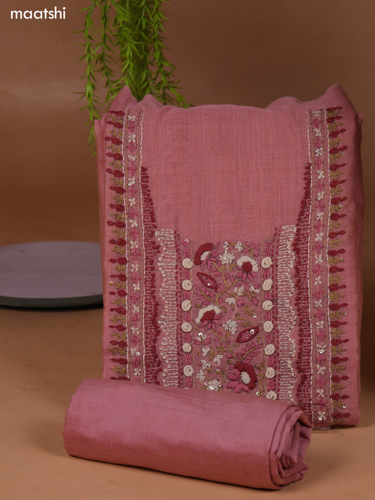 Peach Munga Cotton Dress Material With Kantha Stitch Work and Bottom & Dupatta