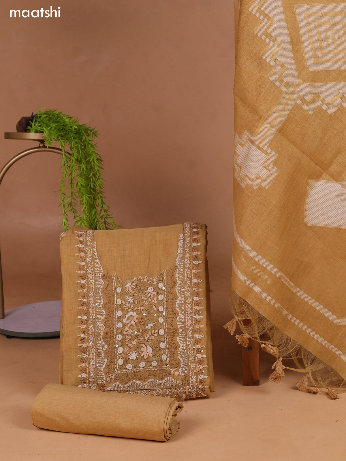 Sandal Munga Cotton Dress Material With Kantha Stitch Work and Bottom & Dupatta