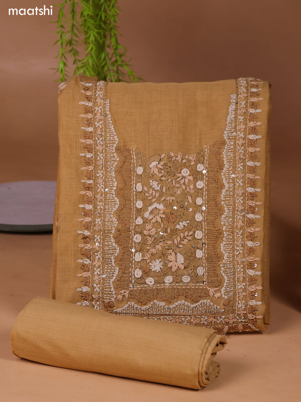 Sandal Munga Cotton Dress Material With Kantha Stitch Work and Bottom & Dupatta