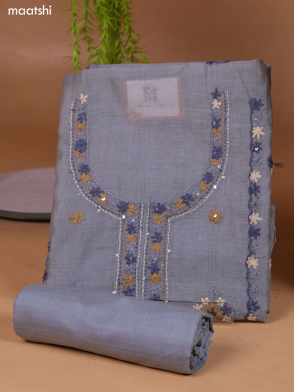Grey Munga Cotton Dress Material With Kantha Stitch Work and Bottom & Dupatta