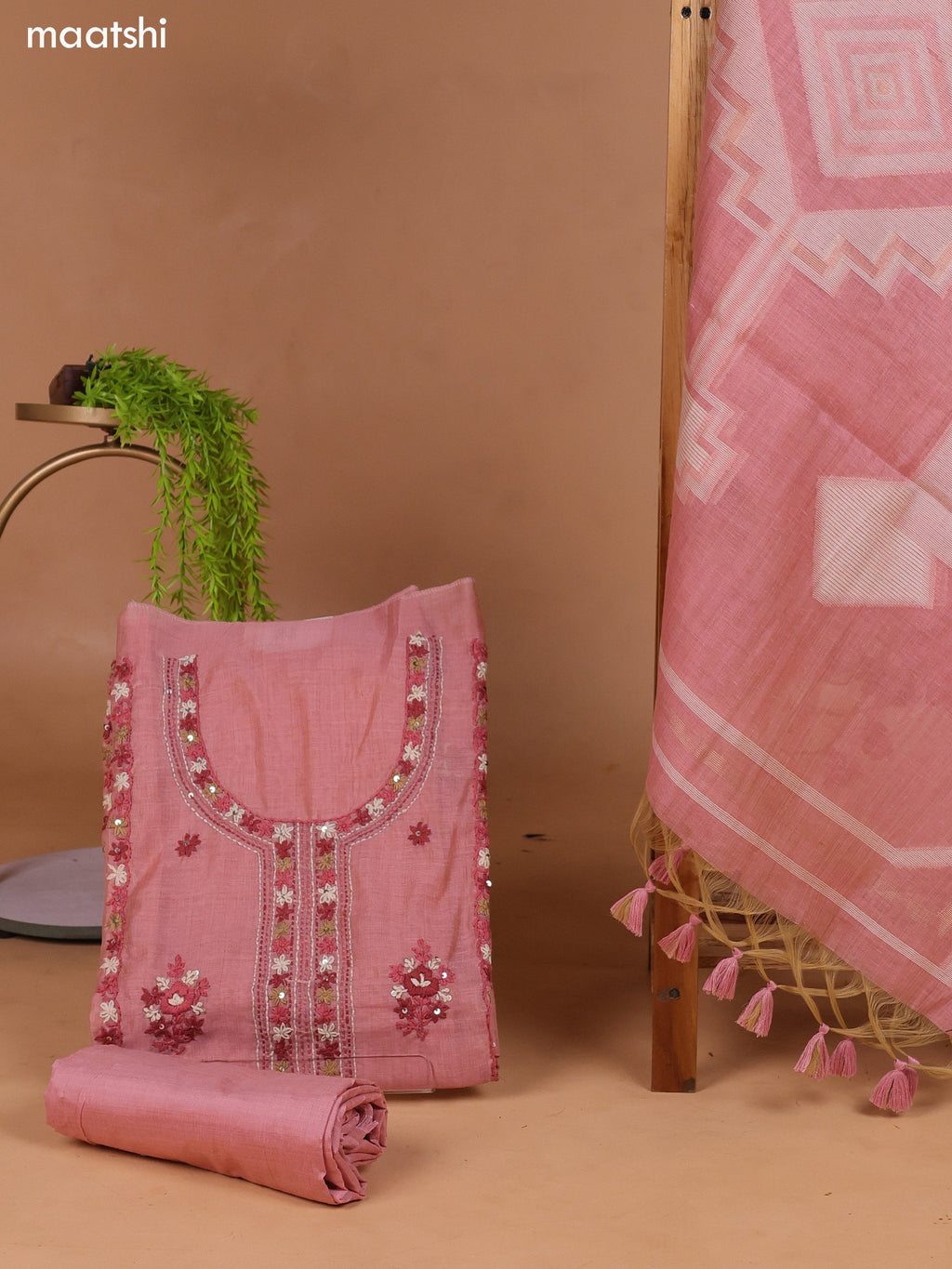 Peach Munga Cotton Dress Material With Kantha Stitch Work and Bottom & Dupatta