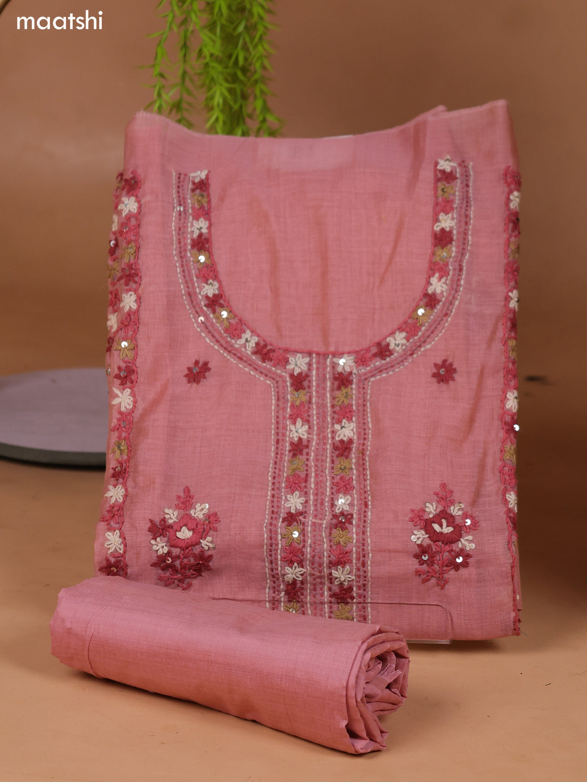 Peach Munga Cotton Dress Material With Kantha Stitch Work and Bottom & Dupatta