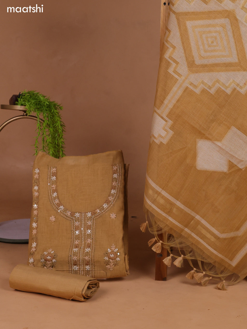 Dark Sandal Munga Cotton Dress Material With Kantha Stitch Work and Bottom & Dupatta