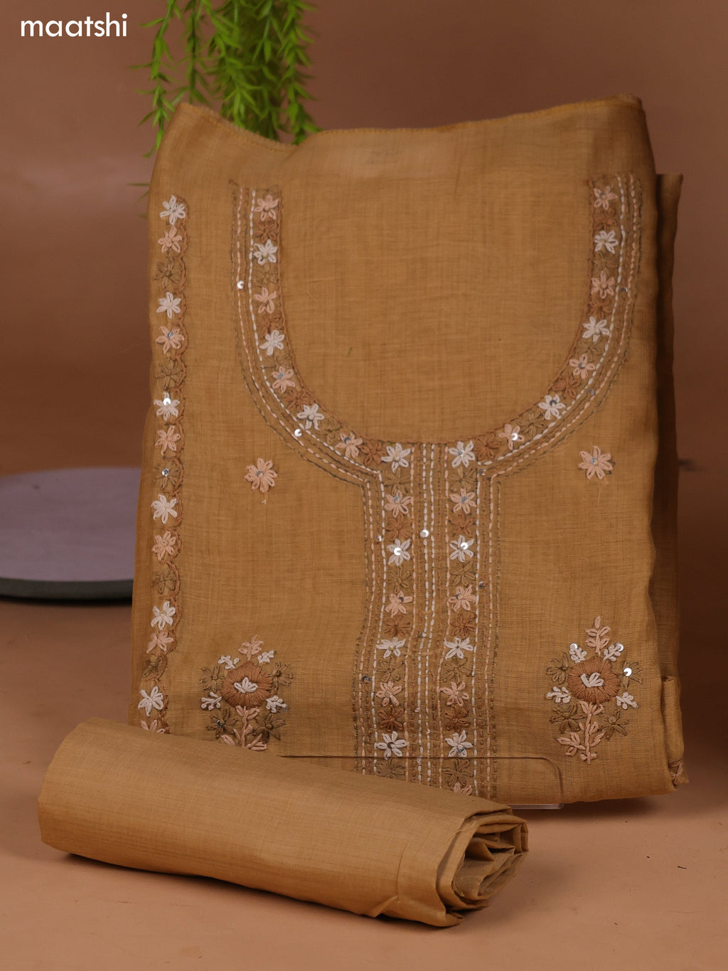 Dark Sandal Munga Cotton Dress Material With Kantha Stitch Work and Bottom & Dupatta
