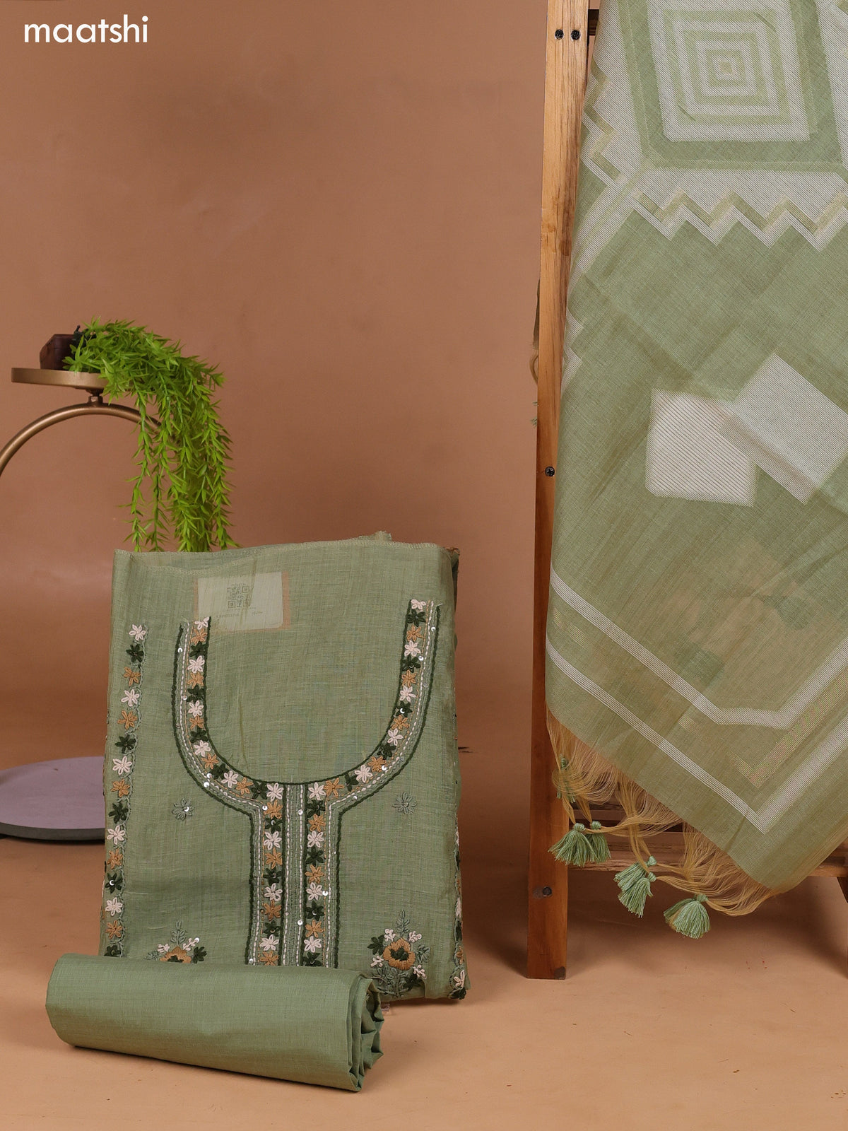 Elaichi Green Munga Cotton Dress Material With Kantha Stitch Work and Bottom & Dupatta