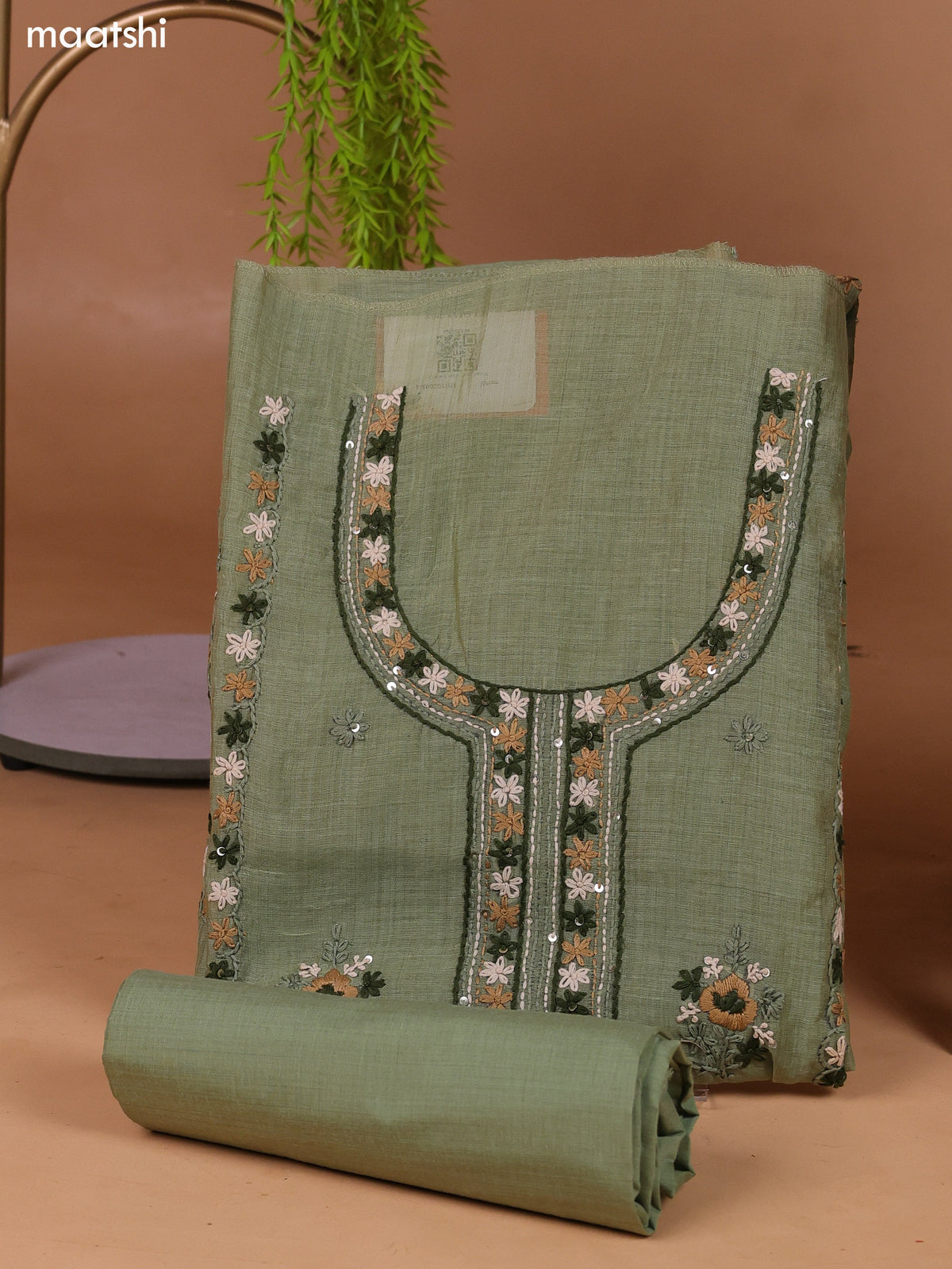 Elaichi Green Munga Cotton Dress Material With Kantha Stitch Work and Bottom & Dupatta
