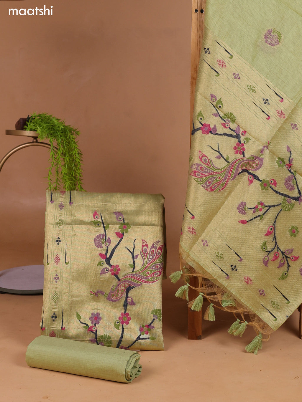 Mild Pista Green Munga Cotton Dress Material With Peacock Design Thread & Zari Weaves and Bottom & Dupatta