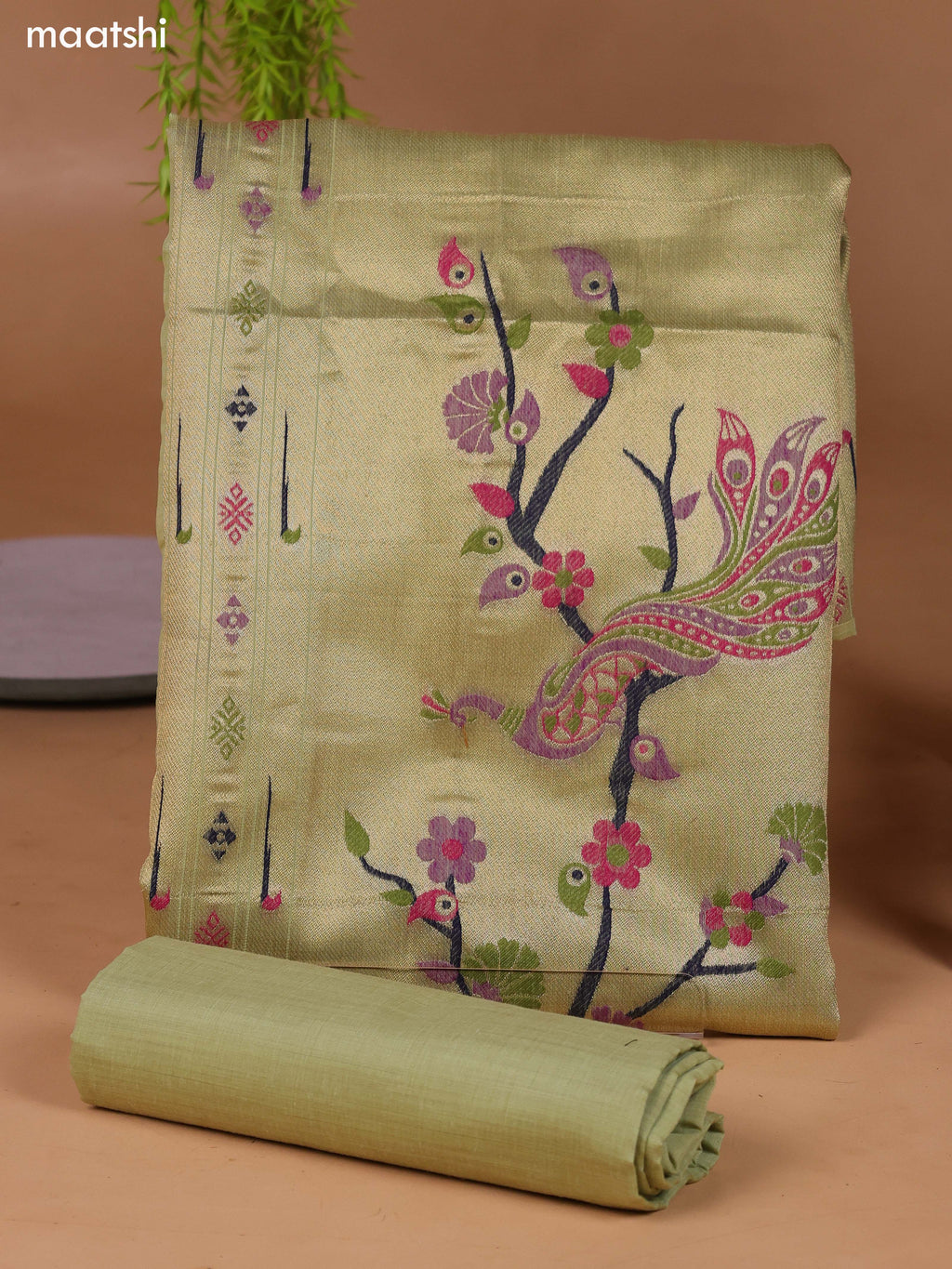 Mild Pista Green Munga Cotton Dress Material With Peacock Design Thread & Zari Weaves and Bottom & Dupatta