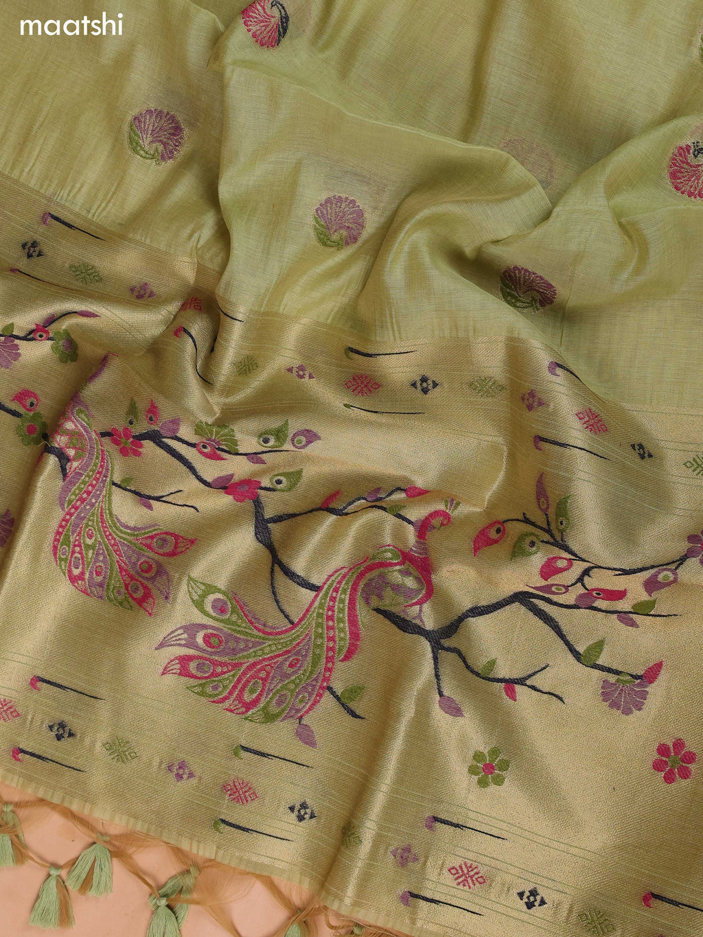 Mild Pista Green Munga Cotton Dress Material With Peacock Design Thread & Zari Weaves and Bottom & Dupatta