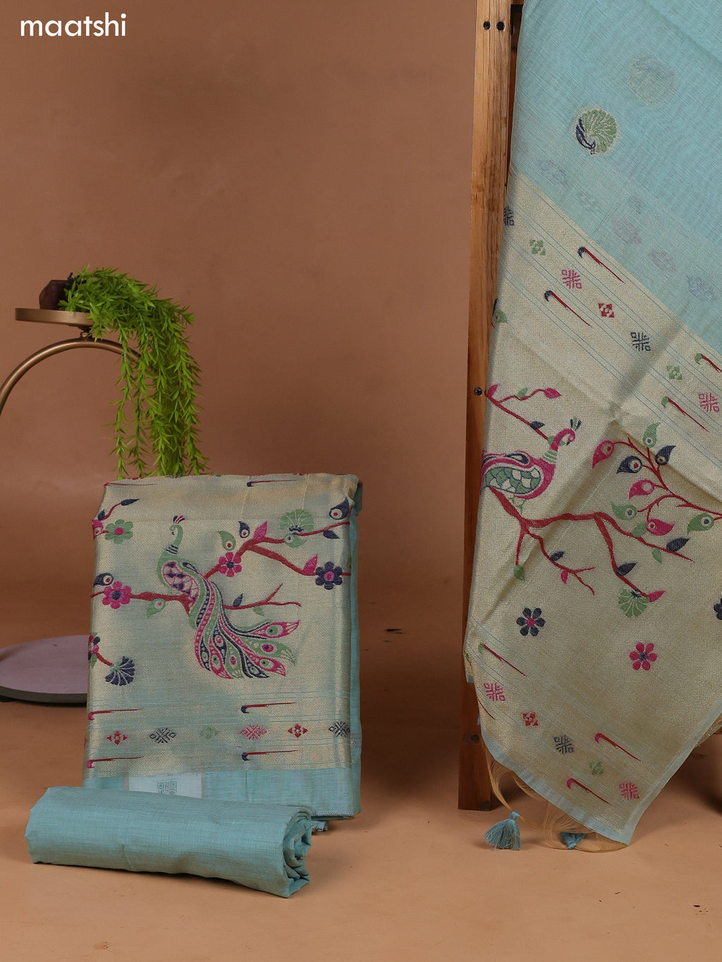 Pastel Blue Munga Cotton Dress Material With Peacock Design Thread & Zari Weaves and Bottom & Dupatta