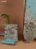 Pastel Blue Munga Cotton Dress Material With Peacock Design Thread & Zari Weaves and Bottom & Dupatta