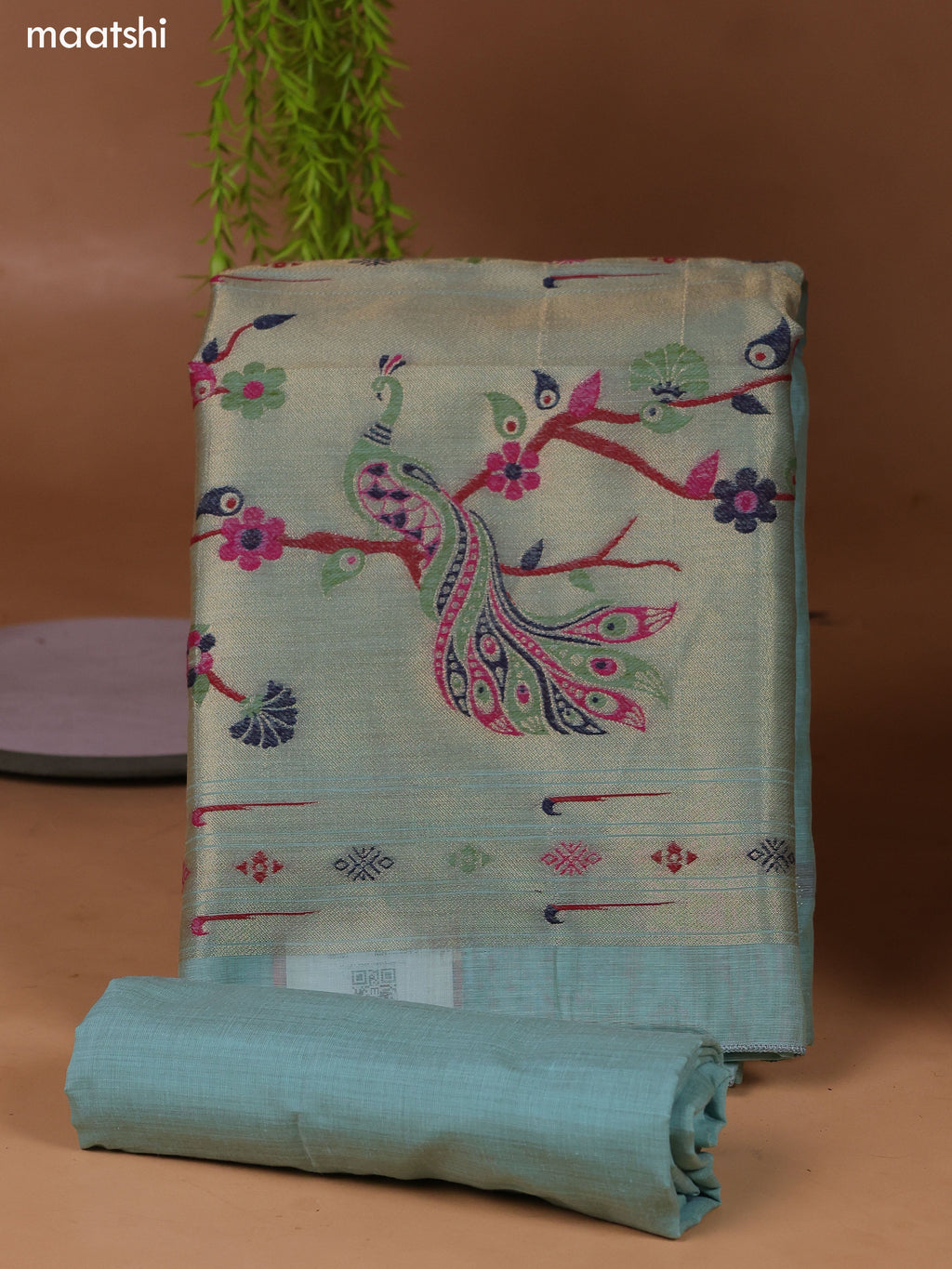 Pastel Blue Munga Cotton Dress Material With Peacock Design Thread & Zari Weaves and Bottom & Dupatta
