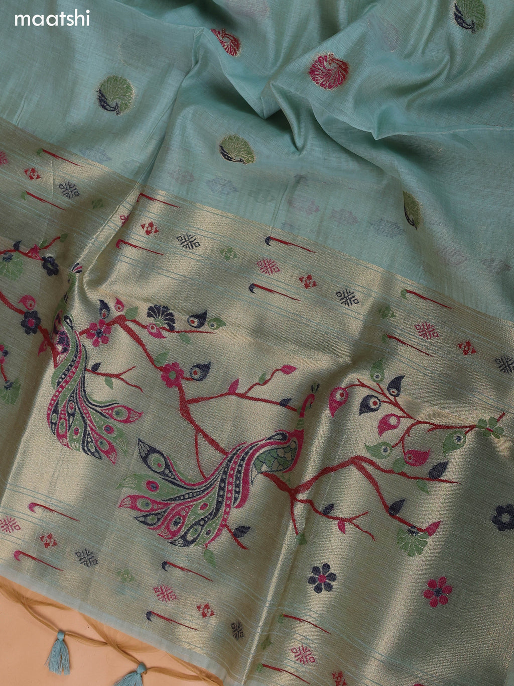 Pastel Blue Munga Cotton Dress Material With Peacock Design Thread & Zari Weaves and Bottom & Dupatta