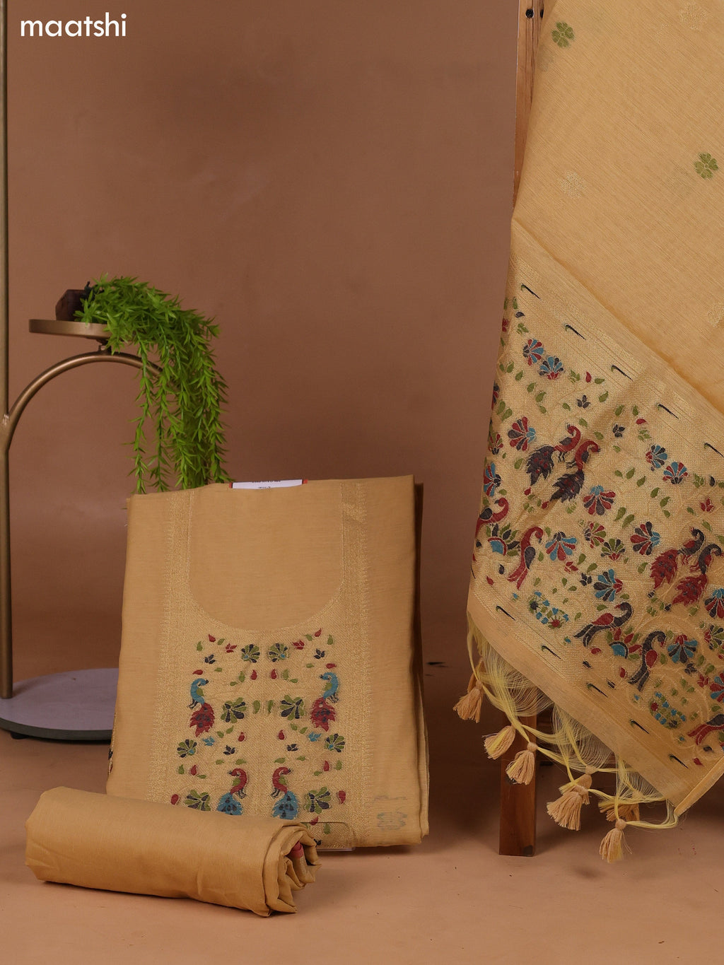 Sandal Munga Cotton Dress Material With Thread & Zari Weaves Neck Pattern and Bottom & Dupatta
