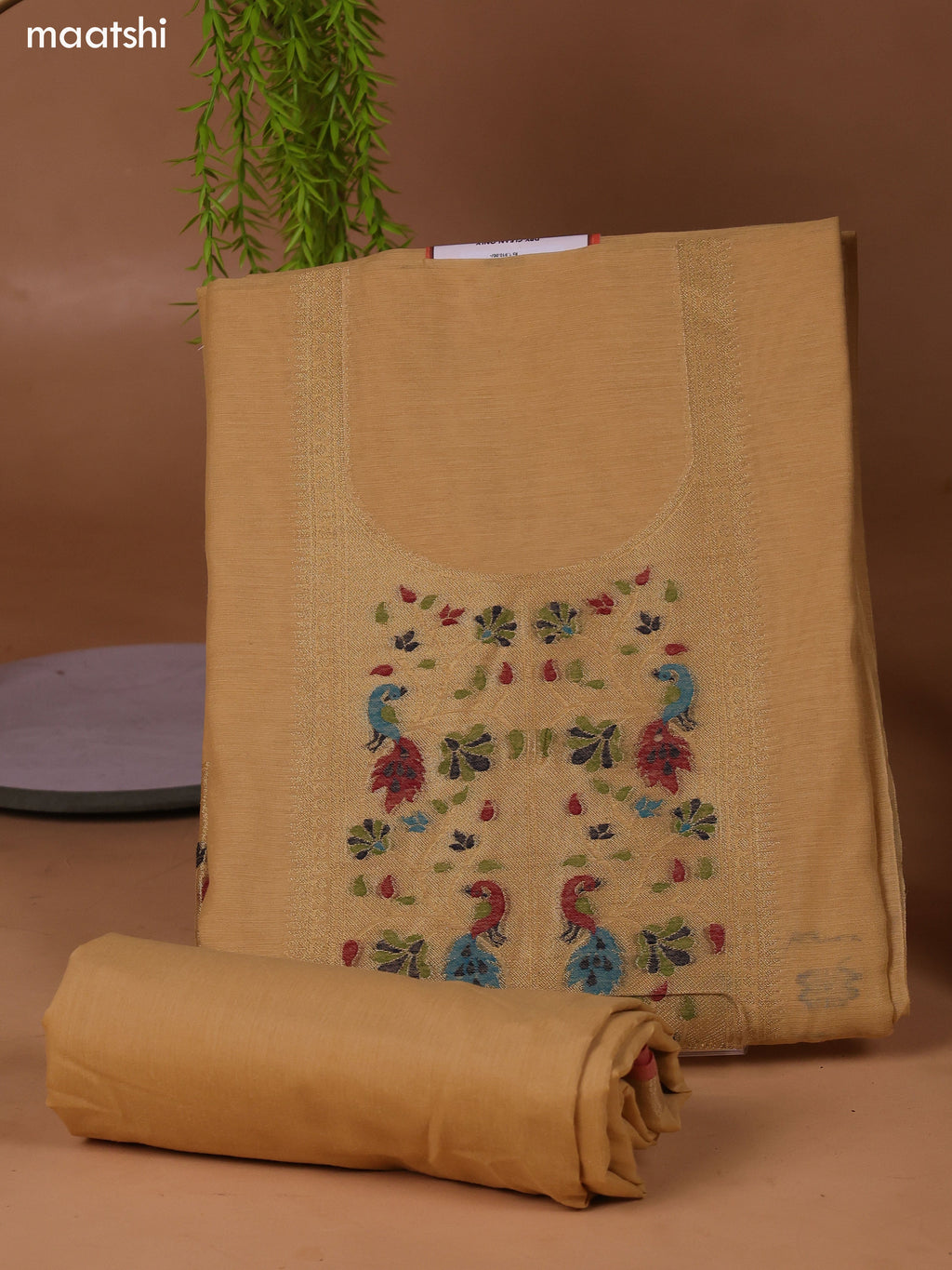 Sandal Munga Cotton Dress Material With Thread & Zari Weaves Neck Pattern and Bottom & Dupatta