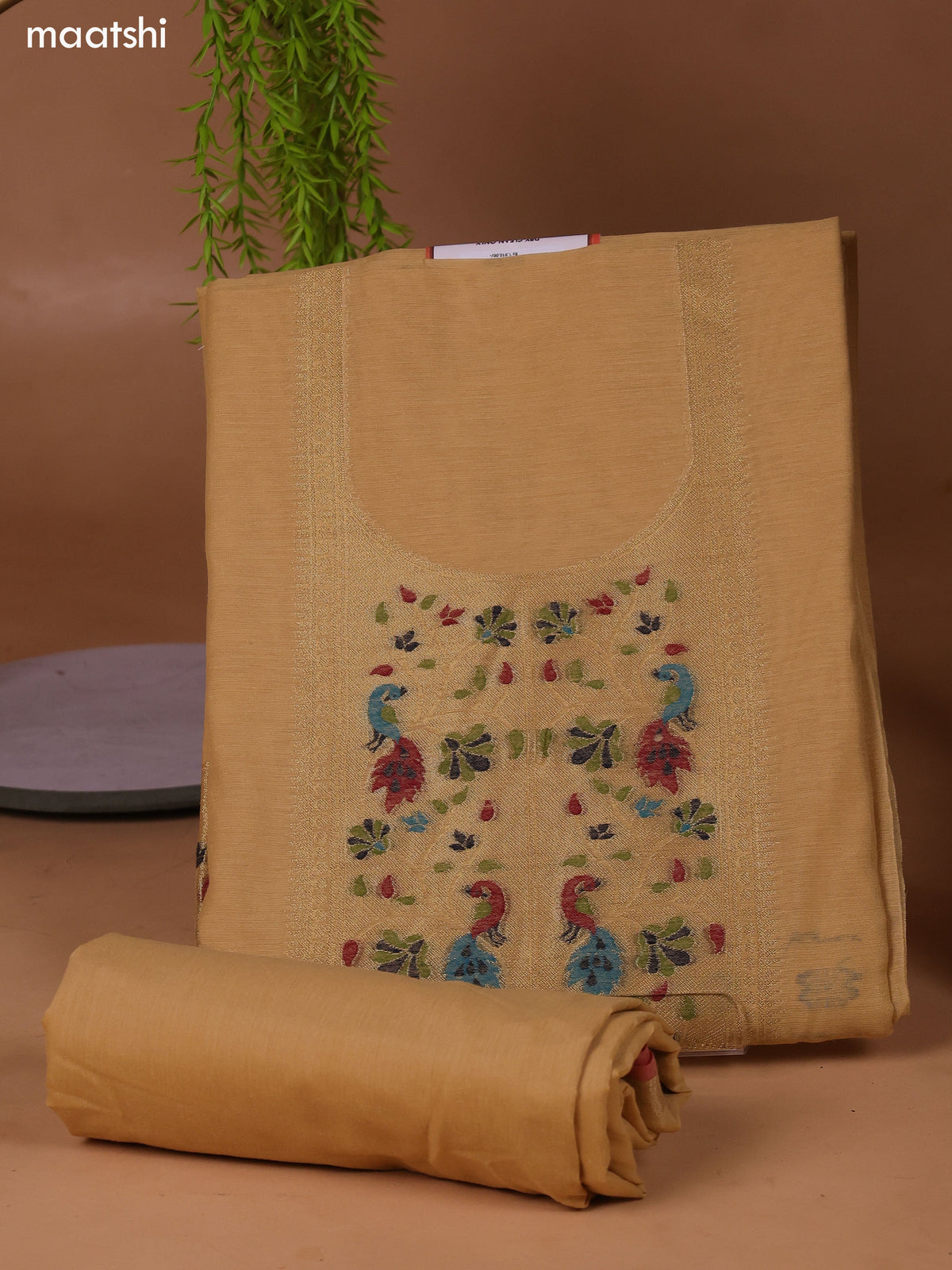 Sandal Munga Cotton Dress Material With Thread & Zari Weaves Neck Pattern and Bottom & Dupatta