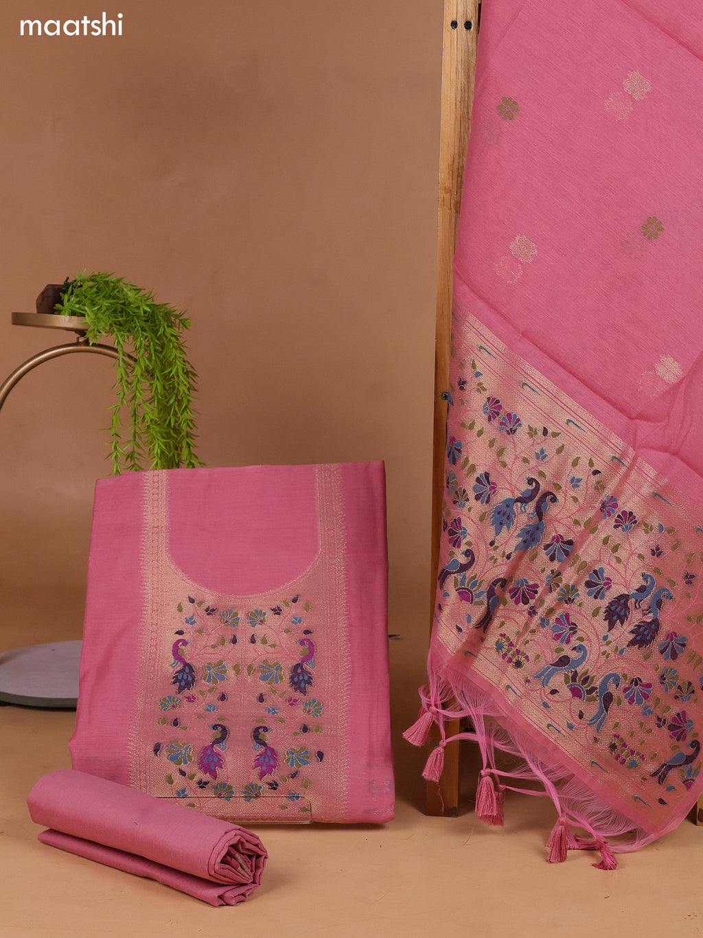Pink Munga Cotton Dress Material With Thread & Zari Weaves Neck Pattern and Bottom & Dupatta