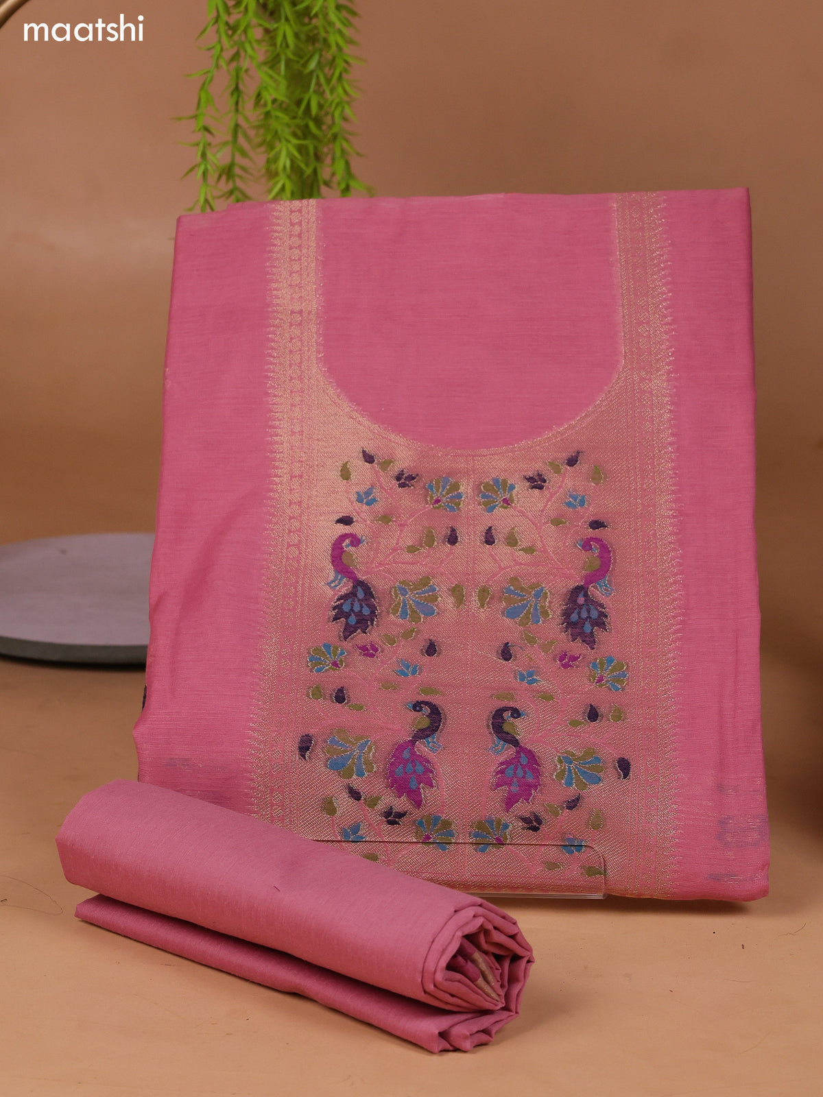 Pink Munga Cotton Dress Material With Thread & Zari Weaves Neck Pattern and Bottom & Dupatta