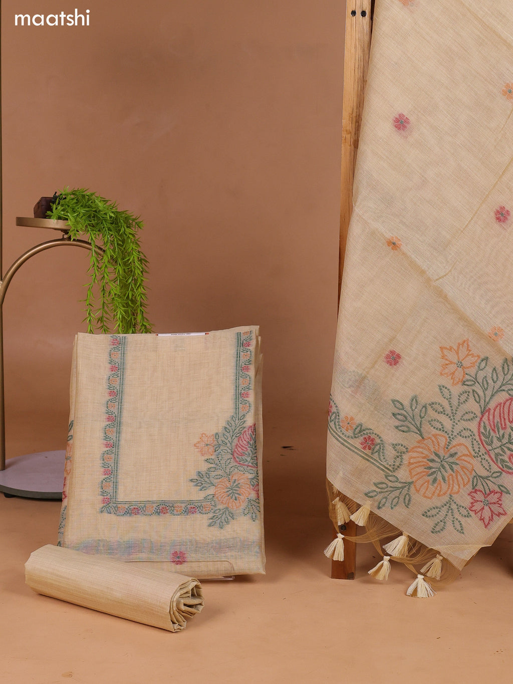 Sandal Munga Cotton Dress Material With Thread Weaves Neck Pattern and Bottom & Dupatta