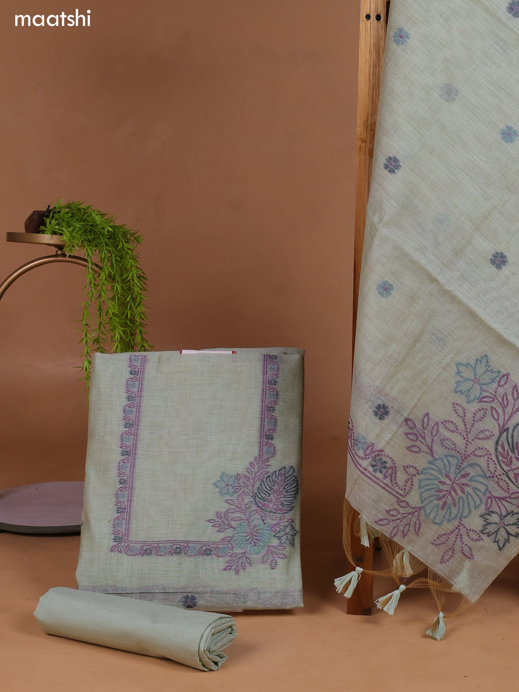 Pastel Green Munga Cotton Dress Material With Thread Weaves Neck Pattern and Bottom & Dupatta
