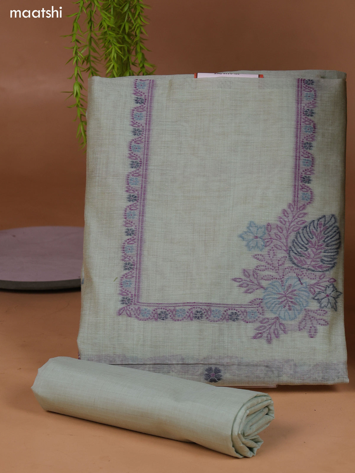 Pastel Green Munga Cotton Dress Material With Thread Weaves Neck Pattern and Bottom & Dupatta
