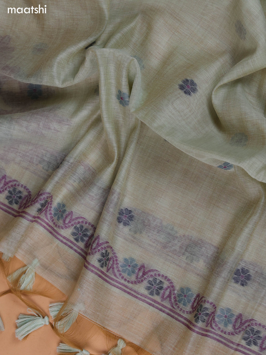 Pastel Green Munga Cotton Dress Material With Thread Weaves Neck Pattern and Bottom & Dupatta