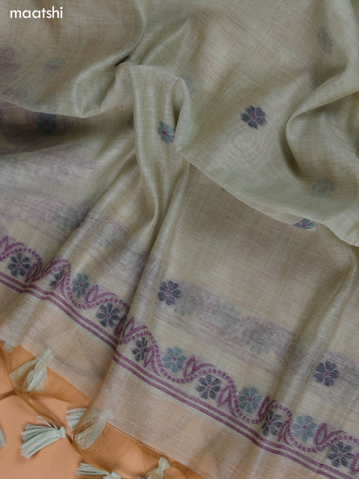 Pastel Green Munga Cotton Dress Material With Thread Weaves Neck Pattern and Bottom & Dupatta