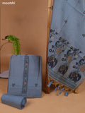 Grey Munga Cotton Dress Material With Thread Weaves Neck Pattern and Bottom & Dupatta