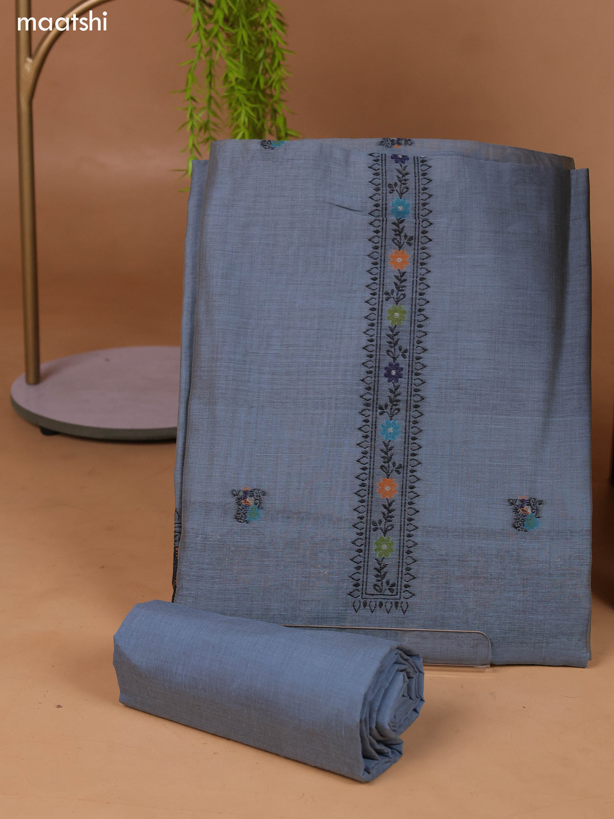 Grey Munga Cotton Dress Material With Thread Weaves Neck Pattern and Bottom & Dupatta