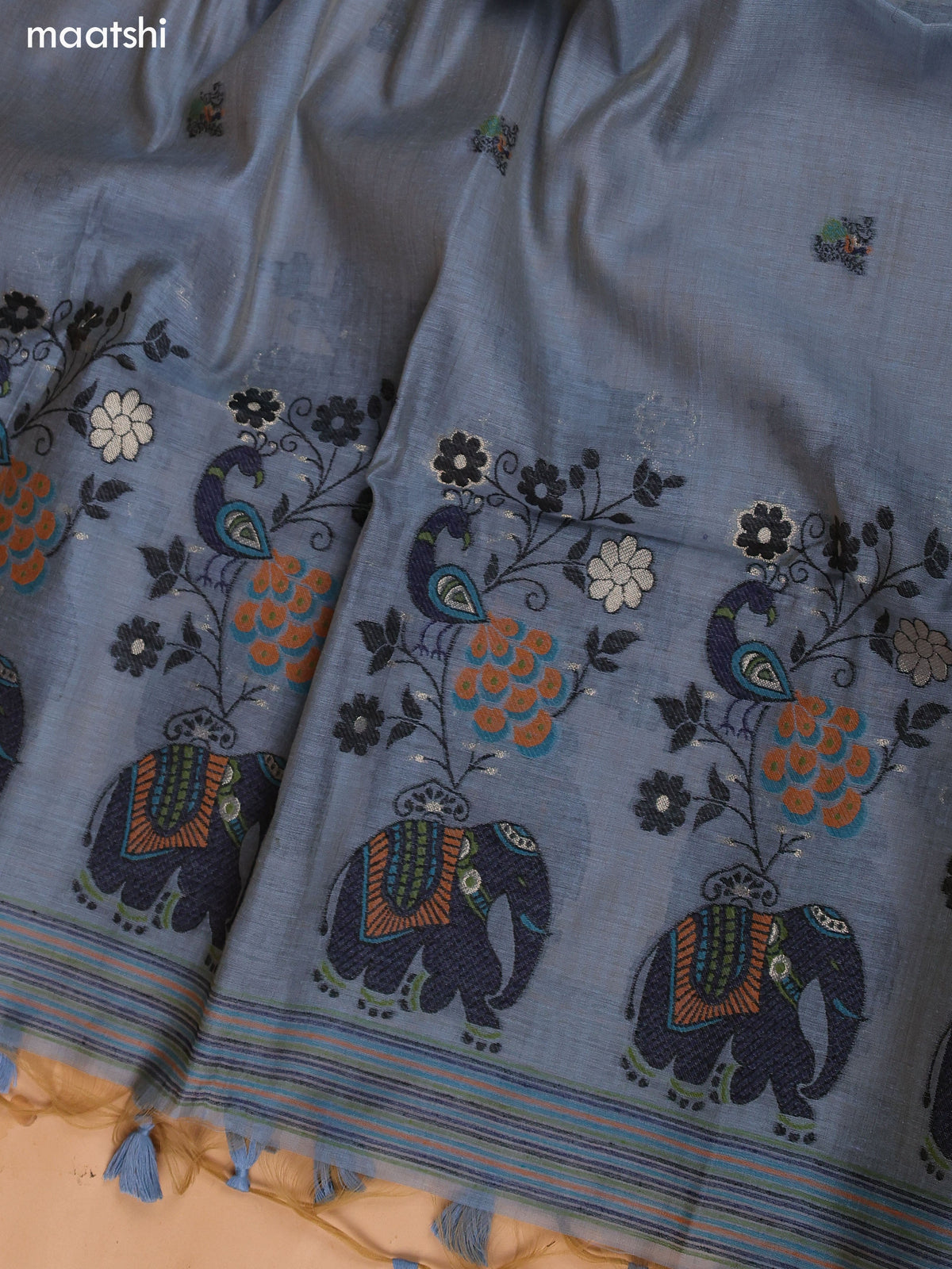Grey Munga Cotton Dress Material With Thread Weaves Neck Pattern and Bottom & Dupatta
