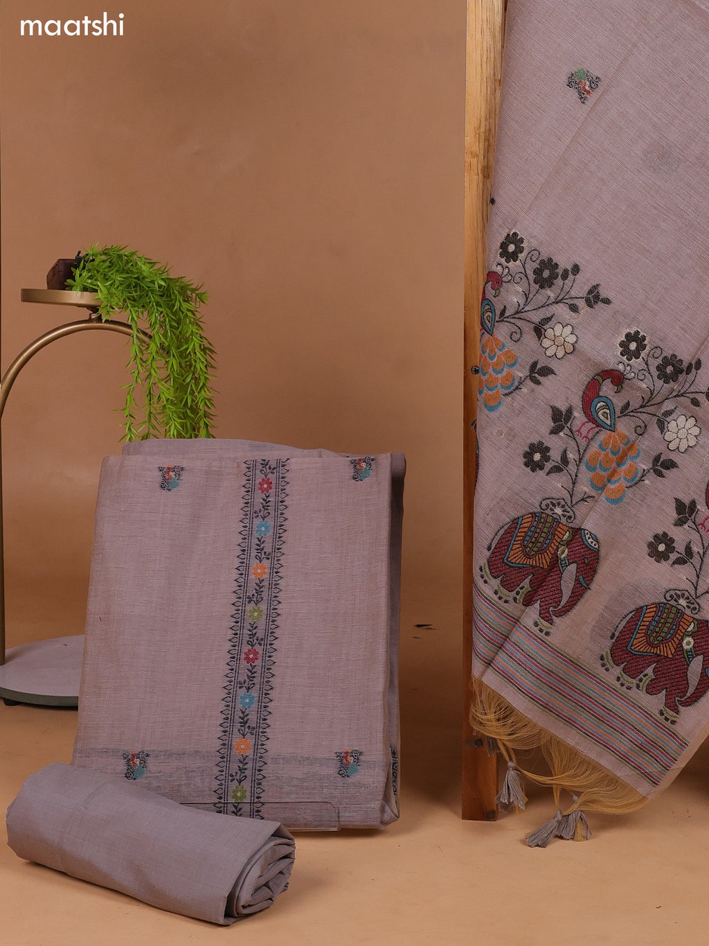 Pastel Brown Munga Cotton Dress Material With Thread Weaves Neck Pattern and Bottom & Dupatta