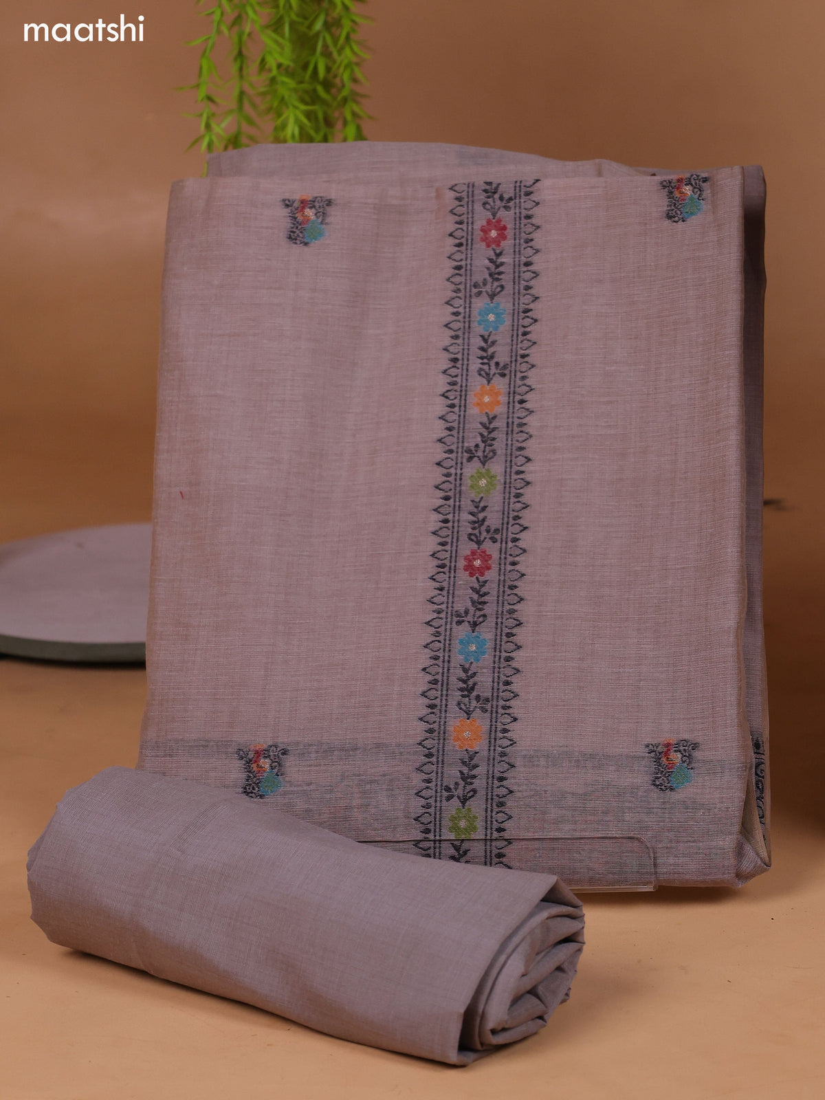 Pastel Brown Munga Cotton Dress Material With Thread Weaves Neck Pattern and Bottom & Dupatta