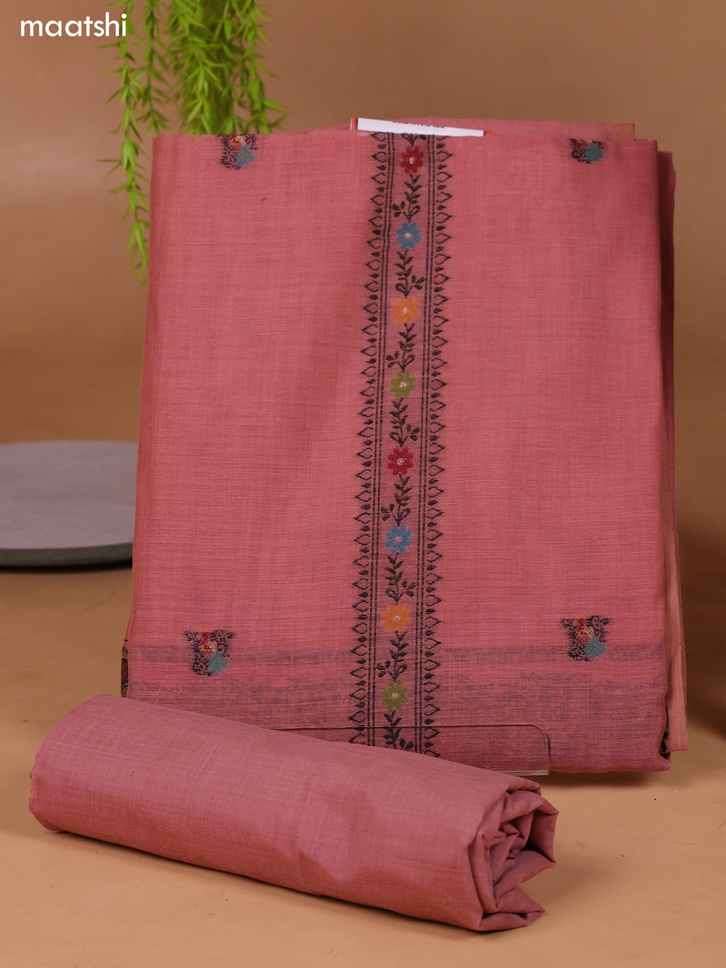 Dark Peach Munga Cotton Dress Material With Thread Weaves Neck Pattern and Bottom & Dupatta