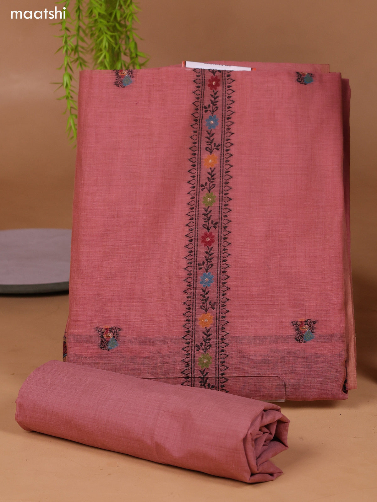 Dark Peach Munga Cotton Dress Material With Thread Weaves Neck Pattern and Bottom & Dupatta